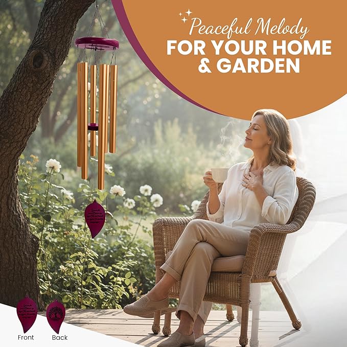 Memorial Wind Chimes for Loss of Loved One - 36" Tree of Life, Deep Toned Sympathy Windchimes Outdoors, Porch Decor, Double-Sided Engraved, Bereavement Gifts for Loss of Father, Mother - Gold