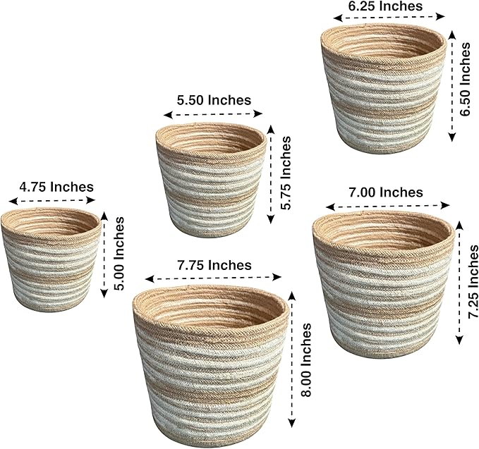 Planter Basket Set – 5-Piece Handwoven Jute Planter Basket for Home Decor, Nursery, or Indoor Plants (5'' to 8'' Diameter, 4.75'' to 7.75'' Height) – Wrinkle Free - Natural Beige with White Band