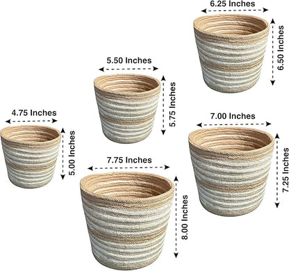 Planter Basket Set – 5-Piece Handwoven Jute Planter Basket for Home Decor, Nursery, or Indoor Plants (5'' to 8'' Diameter, 4.75'' to 7.75'' Height) – Wrinkle Free - Natural Beige with White Band
