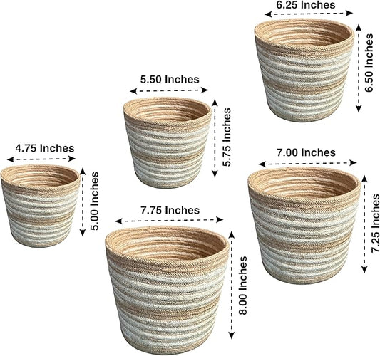Planter Basket Set – 5-Piece Handwoven Jute Planter Basket for Home Decor, Nursery, or Indoor Plants (5'' to 8'' Diameter, 4.75'' to 7.75'' Height) – Wrinkle Free - Natural Beige with White Band
