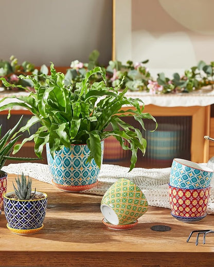 Succulent Ceramic Pots, 3.8 Inch Small Plant Pots with Drainage Hole & Saucer, Flower Planter Pot for Houseplants, Cacti, Home Decor, Set of 4, Vibrant Colors