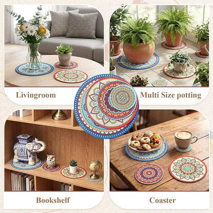 Nuanchu 8 Pieces Boho Plant Pot Mat 4 Size 3.94" 5.9" 7.87" 9.84" Rubber Absorbent Non Slip Pot House Indoor Plant Coasters Round Pad Gardening Outdoor Flower Protect Mat for Table Desk Floor