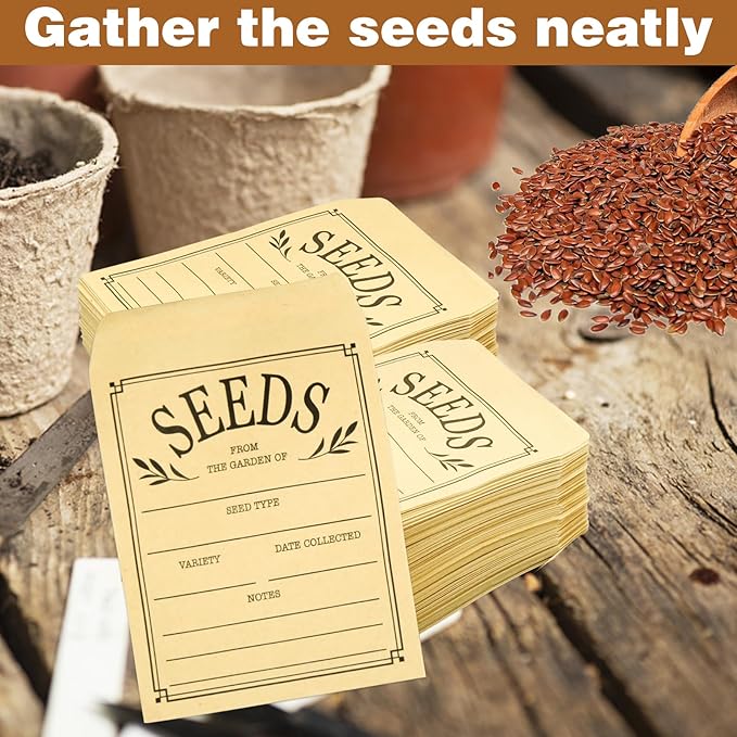 200Pcs Seed Envelopes, Seed Envelope Resealable Small Packets Brown Paper Seeds Envelopes with Printing, 3.1x4.7 Inch for Collection Flowers Seeds