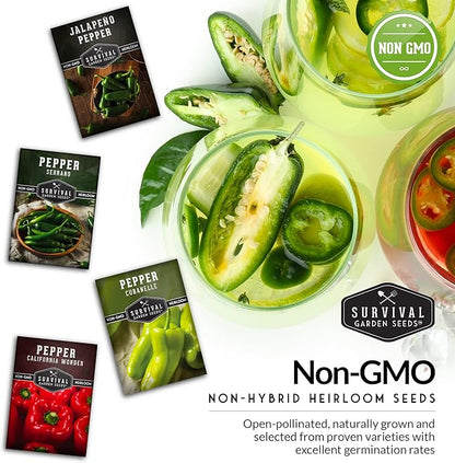 4 Variety Pack Pepper Seed Collection | Jalapeño, Serrano, Cubanelle & California Wonder | Heirloom Non-GMO Hot & Sweet Peppers | Survival Garden Seeds