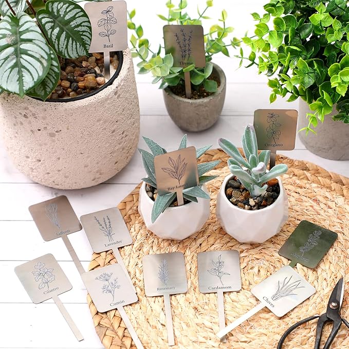 Silkfly 24 Pcs Metal Herb Label Signs 12 Style Herbs Garden Markers Waterproof Label Stakes Reusable Garden Plant Tags with Name for Indoor Outdoor Nursery Seed Flowerpot Potted Plant Flower