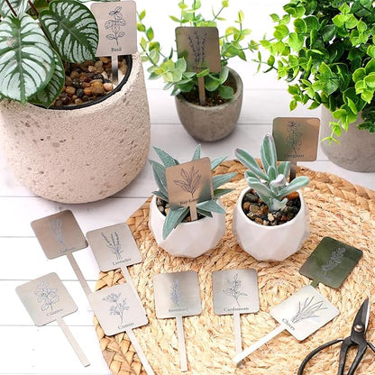 Silkfly 24 Pcs Metal Herb Label Signs 12 Style Herbs Garden Markers Waterproof Label Stakes Reusable Garden Plant Tags with Name for Indoor Outdoor Nursery Seed Flowerpot Potted Plant Flower