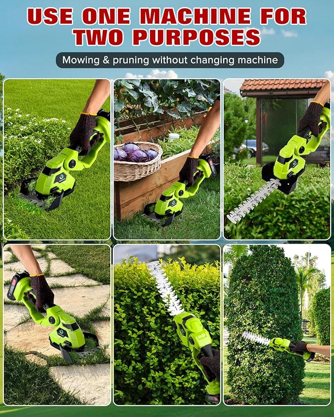 Cordless Hedge Trimmer，2-in-1 Hedge Trimmer，Cordless Grass Shear & Shrubbery Trimmer with Dual-Action Blade Cutting Capacity,Hedge Shear with 2 PCS Rechargeable Battery and Charger for Garden,Lawn