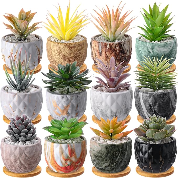 Marbling Ceramic Flower Pot 3.35 Inch Succulent Small Plant Cactus Herbs Planter Ceramic Pot with Drainage Hole Matte Round Container(12 Pcs,Simple Style)