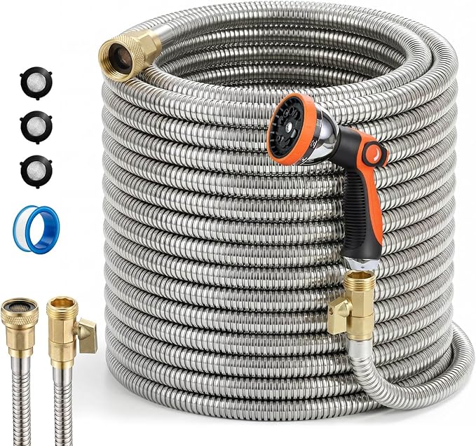 Garden Hose, 75ft 5/8" Stainless Steel Water Hose w/ 10-Mode Spray Nozzle, On/Off Valve, 523 PSI Burst, Anti-Kink, Lightweight All-Weather Flexible, Leakproof 3/4" Brass Male to Female Fittings
