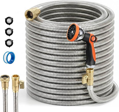 Garden Hose, 75ft 5/8" Stainless Steel Water Hose w/ 10-Mode Spray Nozzle, On/Off Valve, 523 PSI Burst, Anti-Kink, Lightweight All-Weather Flexible, Leakproof 3/4" Brass Male to Female Fittings