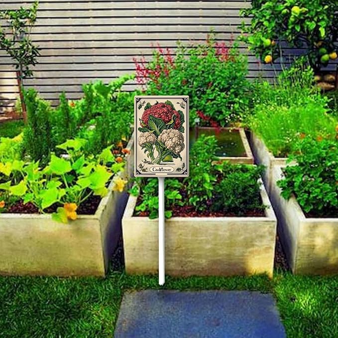 Uptell Vegetable Garden Cauliflower Yard Sign Label With Stake Plant Markers For Outdoor Plants Waterproof 7x8.8inch Nursery Garden Outdoor Sign