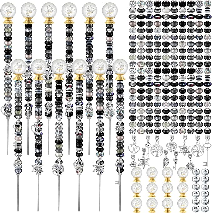Tigeen 236 Pcs Garden Stake DIY Fairy Wand Plant Stake with 12 Colorful Crystal Stopper Top 12 Threaded Rod with 200 Large Hole Bead for Spring Summer Holiday Outdoor Decorations(Dark Witchy)