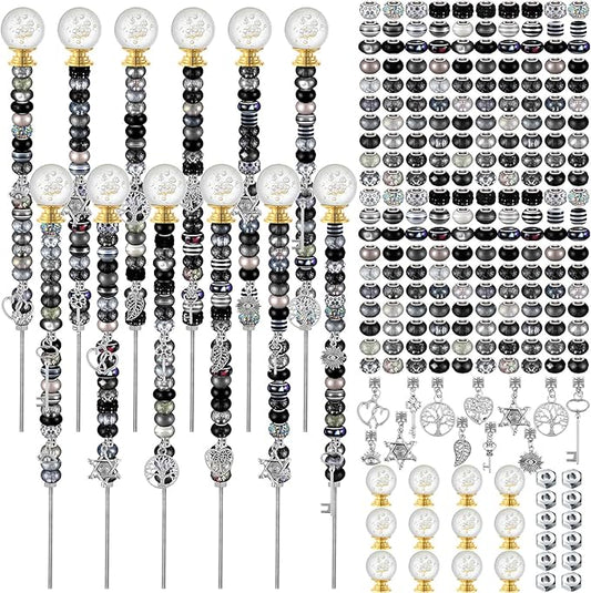 Tigeen 236 Pcs Garden Stake DIY Fairy Wand Plant Stake with 12 Colorful Crystal Stopper Top 12 Threaded Rod with 200 Large Hole Bead for Spring Summer Holiday Outdoor Decorations(Dark Witchy)