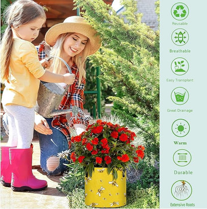5 Gallon Flying Bees Yellow Floral Breathable Tomato Grow Bags Heavy Duty Plant Pot Containers with Handles for Potato Fruits Flowers Vegetables