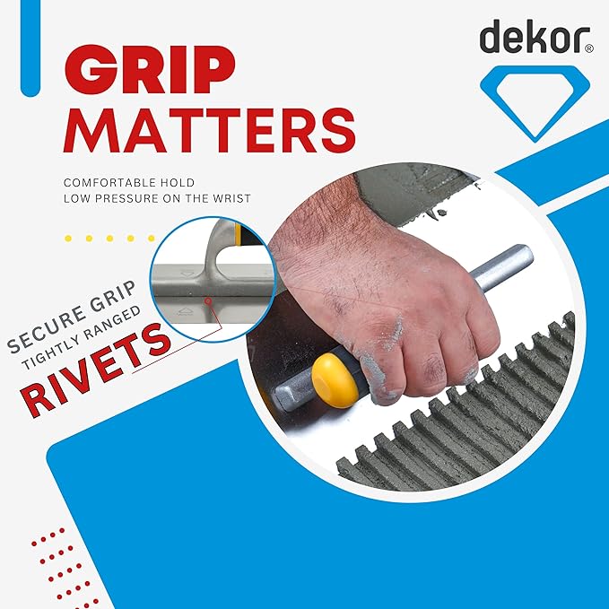 DEKOR Notched Trowel - 18" x 4.75" - Square Notch 5/16" - German Stainless Steel - Tile Tools, Concrete and Drywall Trowel, Made in Europe for DIY & PRofessional Use (Aluminum Handle)