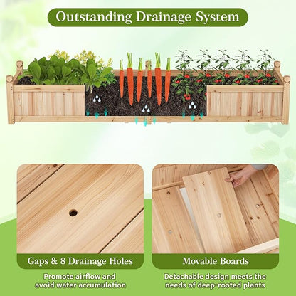 HAPPYGRILL Raised Garden Bed, Wooden Elevated Garden Box w/8 Drain Holes, Detachable Bottom Panels, Liner for Flowers Vegetables Herbs Fruits, Outdoor Planter Box for Backyard Lawn, 89" x 23.5" x 16"