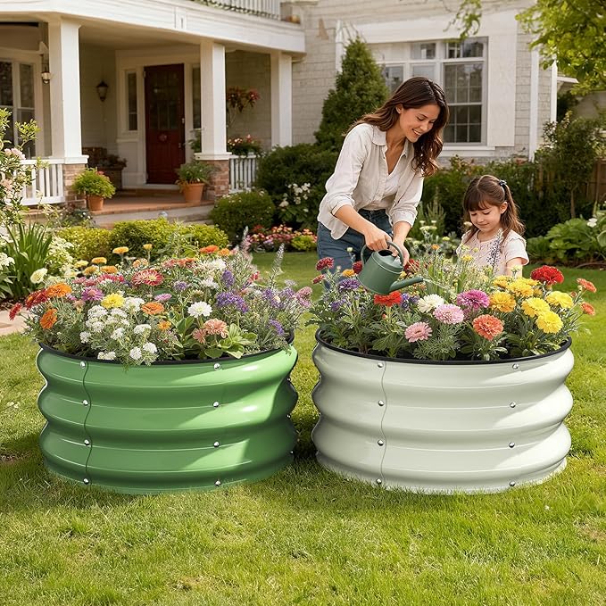 Galvanized Raised Garden Bed, 2pcs 2x2x1 FT Round Planter Box for Outdoor, Raised Beds for Gardening Vegetables Flower Herb(Pearl White & Sage Green)