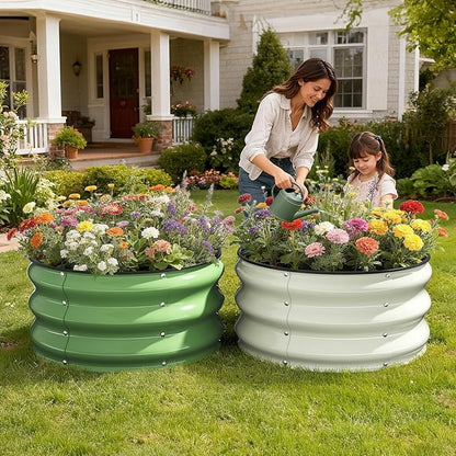 Galvanized Raised Garden Bed, 2pcs 2x2x1 FT Round Planter Box for Outdoor, Raised Beds for Gardening Vegetables Flower Herb(Pearl White & Sage Green)