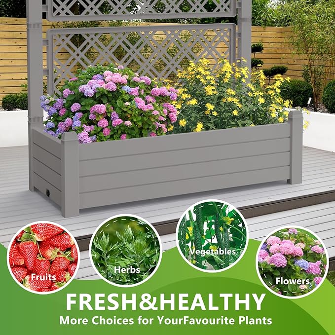 EasyUp Raised Garden Bed with Trellis for Climbing Plants, Raised Herb Garden Bed with Drainage Plug & Water Level Gauge, Durable Dust-Proof Resin Planter for Patio, Balcony, Backyard