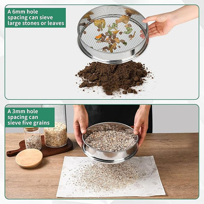 2 Pcs Garden Soil Sifter, Stainless Steel Mesh Screen Dirt Sifter, Sifting Pan-Sieve for Sand Rocks Dirt Compost, 1/4" and 1/8" Mesh