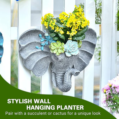 Sungmor Resin Elephant Head Wall Pot, Unique Bohemian Style Animal Face Planter, Vertical Hanging Plant Pot, Pretty Decorative Flower Pot for Indoor Outdoor Plants, for Gardening Lovers