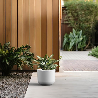 Kante Round Concrete Planter, 9 Inch Dia Classic-Style Large Pot with Drainage, White Finish with Painted Interior, for Indoor & Outdoor Plants, Home, Patio and Garden