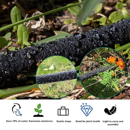 Customizable Soaker Hose System, 1/2inch 50ft Rubber Hose with 25ft PVC Garden Hose, Drip Irrigation Watering Hose with Reinforced Fittings for Flowers Bed Foundation, Lawn, Vegetable, Tree