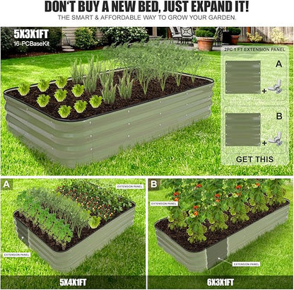 4-in-1 Modular Raised Garden Bed Kit - Adjustable Sizes (5x3x1ft, 4x4x1ft, 6x2x1ft, 7x1x1ft) - Heavy Duty Galvanized Steel Planter Box with Bracing Rods & Gloves for Vegetables, Fruits