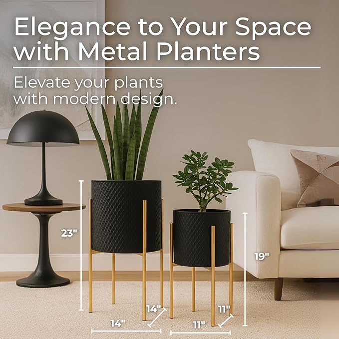 Decorative Flower Pots with Metal Stand for Home Decor - Modern Planters for Hallway, Entryway, and Living Room Decor - Indoor and Outdoor Pots for Plants - Set of 2, 23", 19", Black & Gold