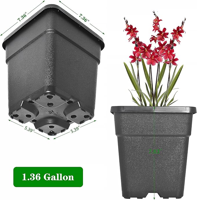 Square Planter Nursery Pots 1.36 Gallon Pots for Plants, Injection Molded Plastic Nursery Pots, Plant Container 1.36 Gal 10-Pack