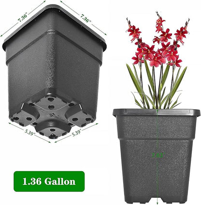 Square Planter Nursery Pots 1.36 Gallon Pots for Plants, Injection Molded Plastic Nursery Pots, Plant Container 1.36 Gal 10-Pack