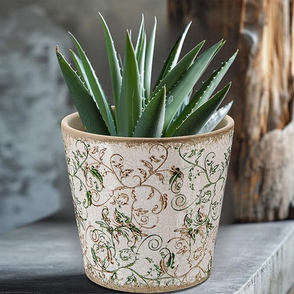 Farmhouse Ceramic Planter 5.5 Inch Large Plants Pot Ice Crack Beige Green Floral Vines Plant Pots with Drainage Hole Indoor Plants Kitchen Rustic Antique Decor Gift