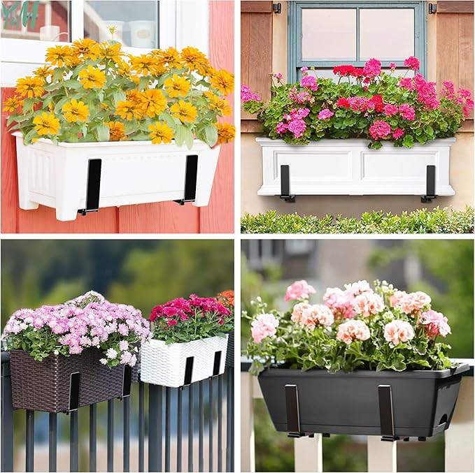 Y&M 4 Pcs Deck Railing Adjustable Planter Box Brackets (6 to 12.5 in), Universal Heavy Duty Iron Flower Box Brackets Wall Mounting Hooks for Fences, Patio, and Garden - Black (Patent Registered)