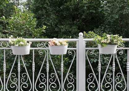 Dahey 3 Pcs 10.5 Inch Metal Iron Hanging Flower Pots for Railing Fence Hanging Bucket Pots Countryside Style Window Flower Plant Holder with Detachable Hooks Home Decor,White