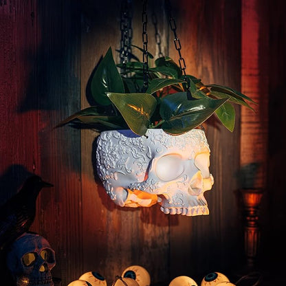 Hanging Skull Planter Pot with Chain and Hook Gothic Skeleton Candy Bowl Trick or Treat Bucket Spooky Skull Flower Pot Creepy Horror Home Decor Outdoor Indoor Garden Decoration 6 Inch White Planter