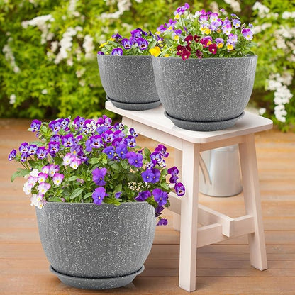 12/10/9 inch Plant Pots, 3 Pack Flower Pots for Outdoor Indoor Garden Plants, Large Planters with Multi Mesh Drainage Holes and Saucer (Speckled Grey, 12"+10"+9")