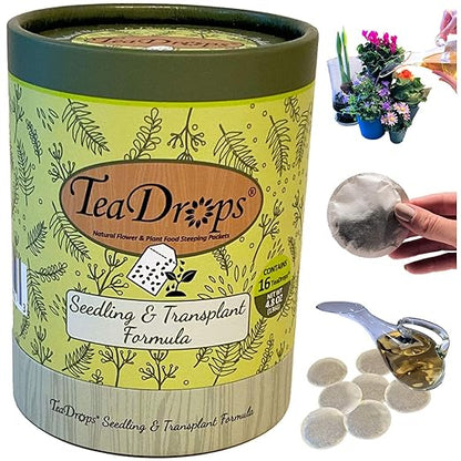 TeaDrops Organic Seedling + New Planting + Transplant Fertilizer – 16 Liquid Indoor House Plant Food Packets – Make up to 32 Gallons (Easy use in Watering Can & Containers, Ecofriendly)