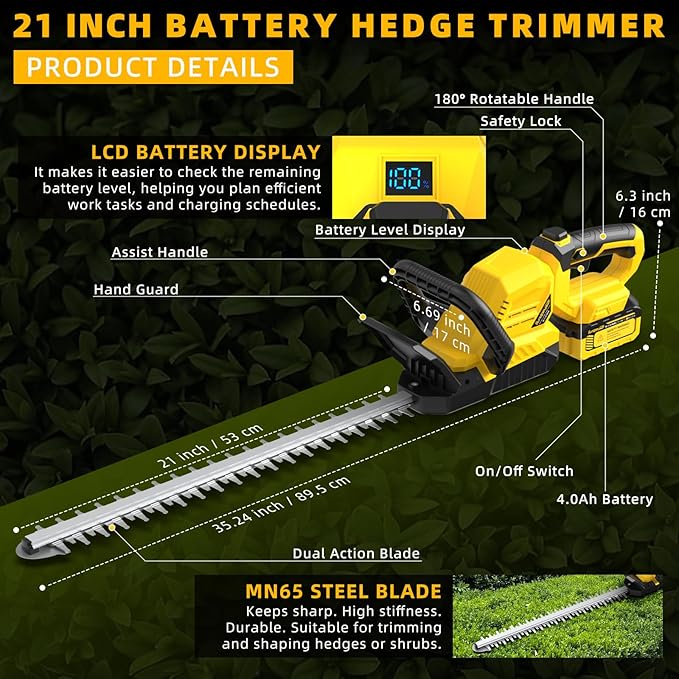 21" Cordless Hedge Trimmer - 21V Portable Electric Bush Trimmer with 2 x 4.0Ah Batteries & Charger & 180° Rotatable Handle & Dual-Action Blade 3/5" Cutting Width for Garden Yard Maintenance