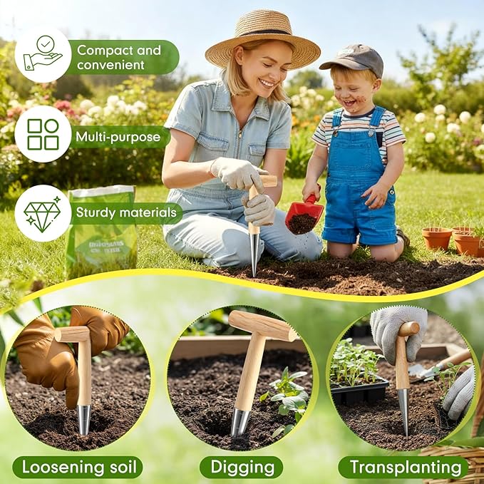 Jerify 3 Pack Hand Dibber Garden Tool 5 Inches Seed Planter with Wood Handle Hole Digger Tool Seed Dispenser for Planting Small Seeds Seedlings Sowing Seeds Transplanting Plants Planting Bulbs
