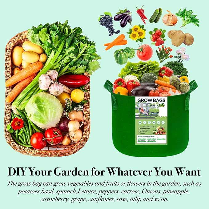 5 Gallon Grow Bags, Grow Bags 5 Gallon Fabric Plant Grow Bags Fabric Planters Garden Bgas Fabric Pots Tomato Planter Bags, 5-Pack, Green