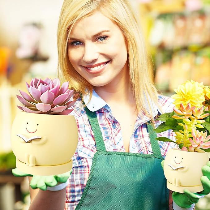 2 Pcs Smile Face Planters Pots with Drainage Hole, 6'' Head Planters 3.6'' Cute Resin Flower Pot for Indoor Plants, Succulent Pots for Plant Lover Gift(Book)