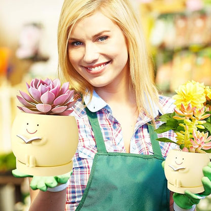 2 Pcs Smile Face Planters Pots with Drainage Hole, 6'' Head Planters 3.6'' Cute Resin Flower Pot for Indoor Plants, Succulent Pots for Plant Lover Gift(Book)