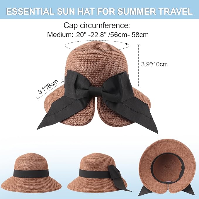 DRESHOW Sun Hats for Women Travel Fedora Foldable Beach Sun Hat Summer Wide Brim Straw Bucket Hat with Bowknot UPF 50+