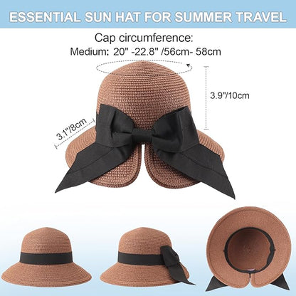 DRESHOW Sun Hats for Women Travel Fedora Foldable Beach Sun Hat Summer Wide Brim Straw Bucket Hat with Bowknot UPF 50+