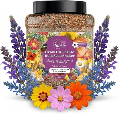 Bulk Wildflower Seed - Bird & Butterfly Garden Seed Mix | Bulk 300,000+ Annual & Perennial Flower Seeds for Planting - Attracts Hummingbirds & Butterfly | No Messy Bags or Packets | Bulk 1 Pound Jar