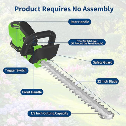 Hedge Trimmer Cordless with Battery, Electric Hedge Trimmer, 22 Inch Handheld Bush Trimmers, with 2 20V 2.0Ah Batteries and Charger, Brushless Motor, Dual Safety Switch, for Gardening, Lawns