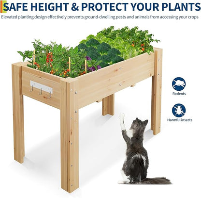 GarveeHome Elevated Garden Bed with Legs & Hooks, 47x30x22 Inch (4x2.5x1.8 ft) Raised Wood Planter Box for Vegetables/Herbs, Outdoor Patio & Backyard with Non-Woven Liner,Natural Wood