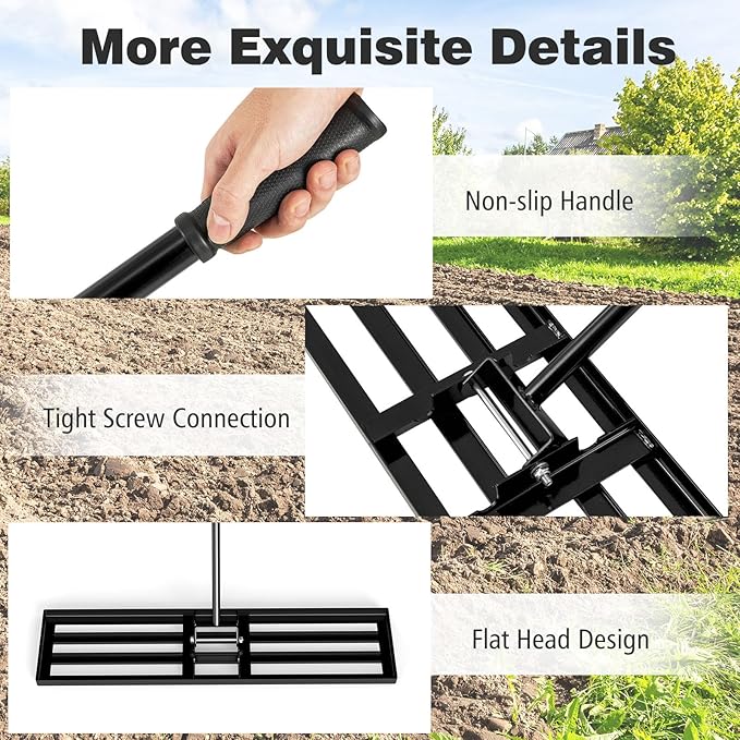 42" x 10" Lawn Leveling Rake, Heavy Duty Landscape Rake with 67" Handle, Non-Slip Grip & Flat Head, Space-Saving Lawn Level Tool for Garden, Backyard, Golf Course & Sports Field(Black)