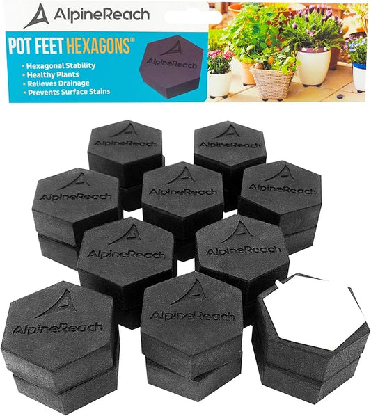 AlpineReach Extra Heavy Duty Pot Feet Risers 20 Pack Hexagons & Adhesive Pads - Protect Healthy Plants - Strong Invisible Supports Small Large Flower Planters Stability - Outdoor Lifter Toes Elevator