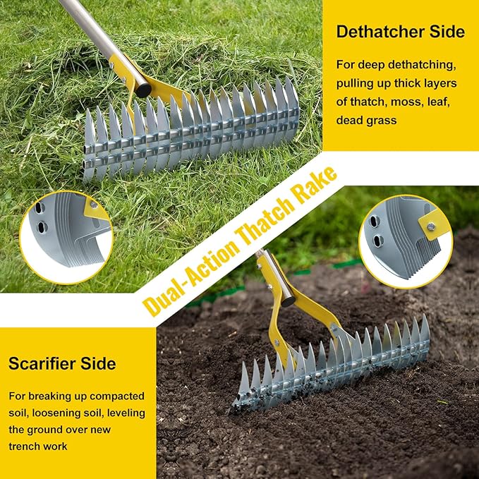 Garden Leaf Rake,Dual Function Thatching Rake for Lawn Dead Grass Leaves, Stainless Steel Heavy Duty 69” Lawn Dethatcher with Sharp 19 Tines, Fast Weeds, Leaf, Thatch, Dead Grass Removal Garden Tool